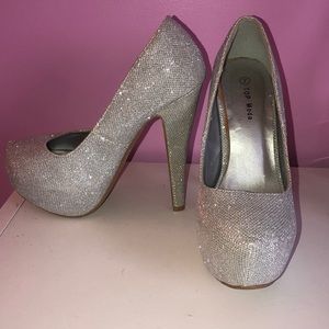 silver, glittered heels
